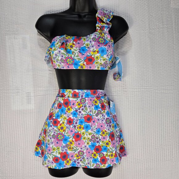 Draper James NWT Floral One Shoulder Flounce Swimsuit Bikini Skirt Set UPF 50+ - Picture 2 of 8